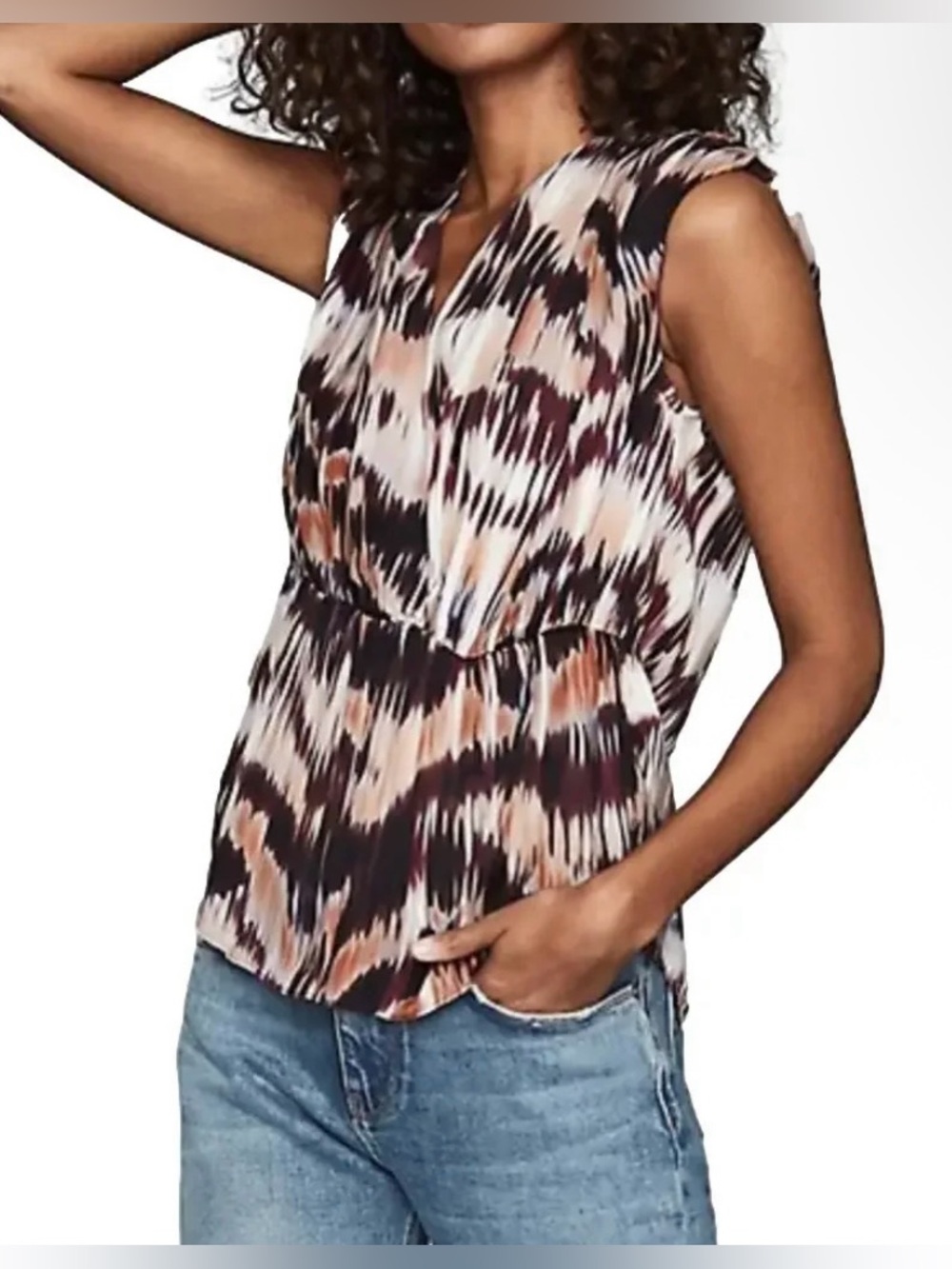 Reiss Eggplant and Gold Patterned Sleeveless V-Neck Blouse - Size 2